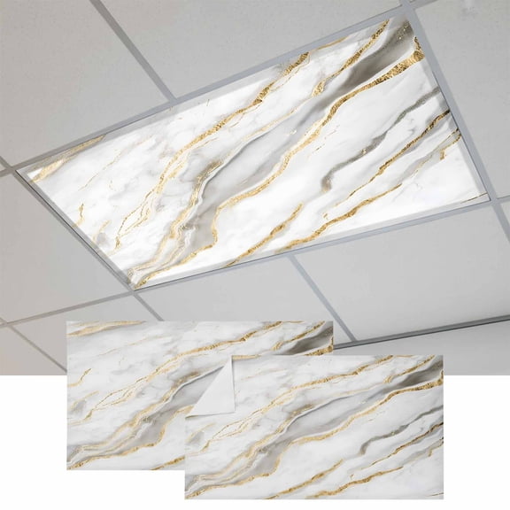 White Marble Magnetic Fluorescent Light Covers for Ceiling Lights 2 x 4 Feet, Abstract Modern Yellow Crack Art Office Classroom Kitchen Drop Ceiling Light Covers Lighting Filters Shade Panel 2 Packs