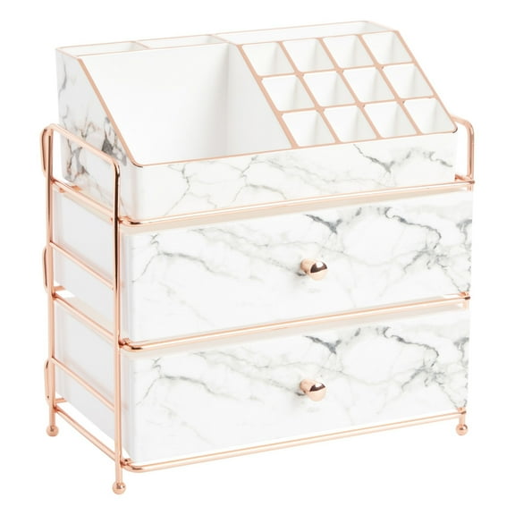 White Marble Makeup Organizer with Rose Gold Trim, Cosmetic Storage Drawers for Vanity (9.5 x 9.5 x 5.5 in)