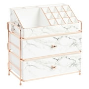 White Marble Makeup Organizer with Rose Gold Trim, Cosmetic Storage Drawers for Vanity 9.5 x 9.5 x 5.5 in