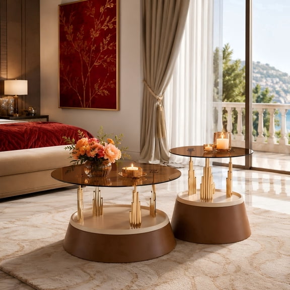 White Marble Nesting Coffee Table Set of 2, Gourd Shaped MDF Tables with Walnut Base for Living Room