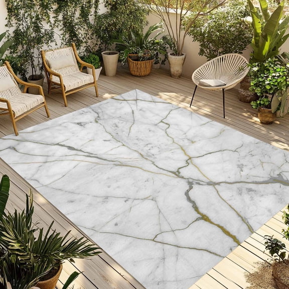 White Marble Outdoor Rug 4x6 Ft - Reversible Patio Rug Outdoor Camping Rugs, Modern Abstract Art Ink Painting Washable Indoor Outdoor Area Rugs, Non-Slip Outdoor Carpet Runner for Deck/Porch