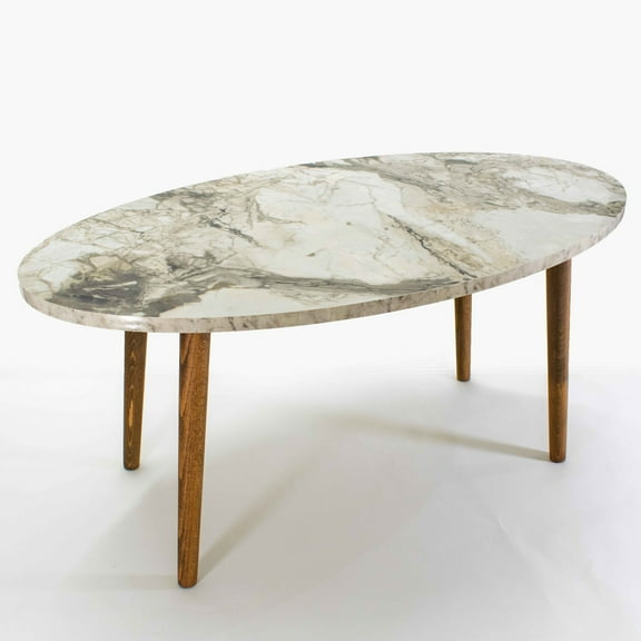 White Marble Oval Coffee Table with Wooden Legs, Modern Style Round Coffee Table for Living Room,Modern Oval/Round Side Table,Coffee Tables For Living Room,Center Table for Living Room