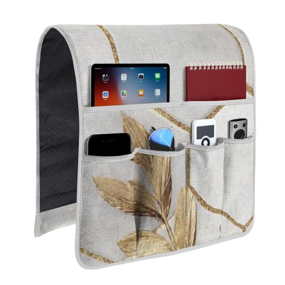 White Marble Pattern Armrest Organizer, Linen Polyester Armchair Storage Bag with 6 Pockets, Thickened Wear Resistant Gifts for Housewarming Christmas Birthday,13"x35"