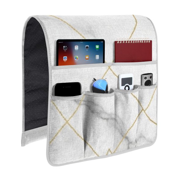White Marble Pattern Armrest Organizer, Linen Polyester Chair Side Pocket with 6 Pockets, Large Capacity Gifts for Housewarming Christmas Birthday,13"x35"
