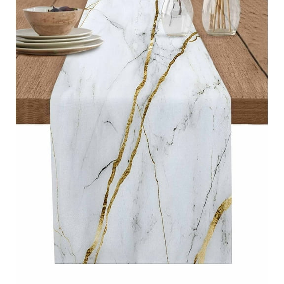 White Marble Pattern Table Runner 90 Inches, Minimalism Abstract Texture Art Bed Runner Dresser Scarves Tabletop for Indoor Outdoor Parties/Ceremony/Banquet, 13" x 90"