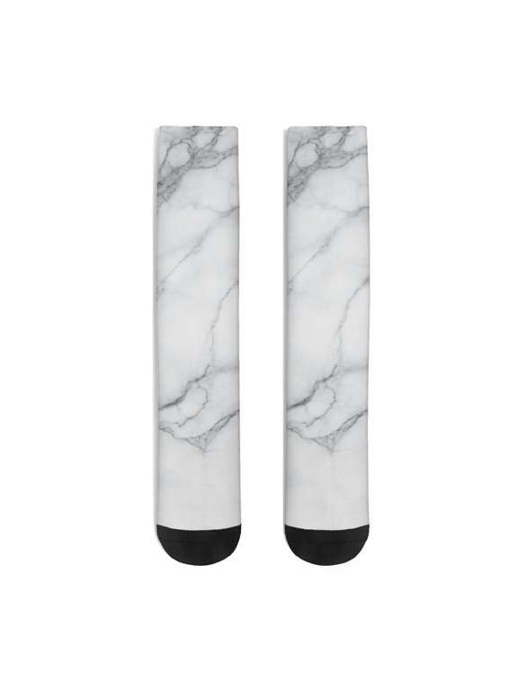 White Marble Pattern Women's Crew Socks, Mid-calf Polyester Casual Dress Socks with Reinforced Heel & Toe, Breathable Durable Gifts Ideas for Holiday Birthday Gifts
