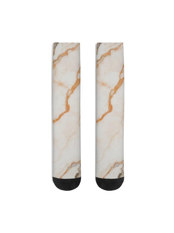 White Marble Pattern Women's Crew Socks, Mid-calf Polyester Casual Dress Socks with Reinforced Heel & Toe, Soft Stretchy Gifts Ideas for Holiday Birthday Gifts