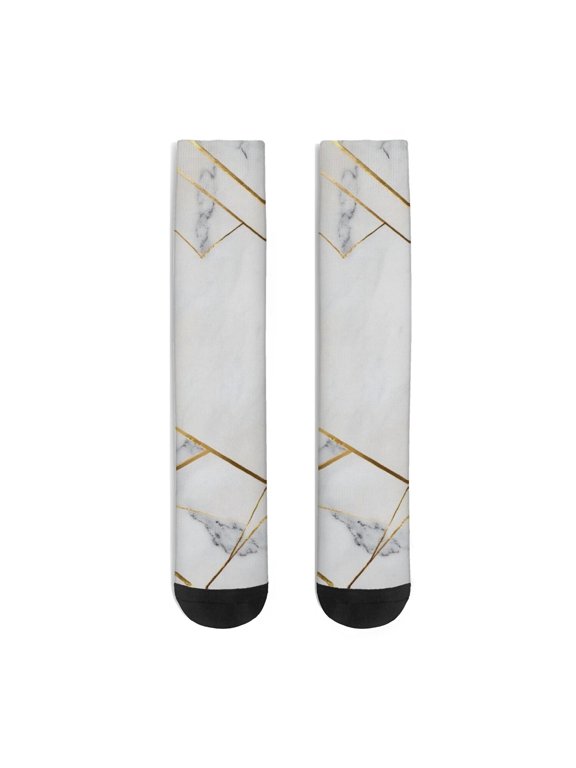 White Marble Pattern Women's Crew Socks, Mid-calf Polyester Running Athletic Socks with Reinforced Heel & Toe, Soft Stretchy Gifts Ideas for Holiday Birthday Gifts