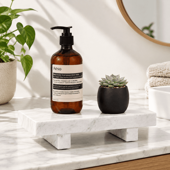 White Marble Pedestal Tray for Bathroom Countertop, Stone Riser for Soap, Perfume, Candles