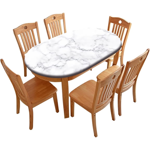 White Marble Polyester Oval Tablecloths, Ruitic Black and Grey Marble Pattern Elastic Fitted Table Cover, Table Cloth for Kitchen Dining, Party, Holiday, Christmas, Buffet, Fits up to 48x68 In Tables