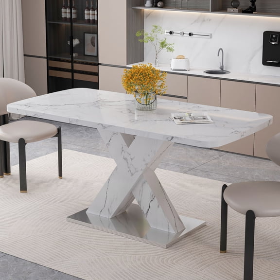 White Marble Printed MDF Dining Table / Stretchable, Brings Exquisite Beauty