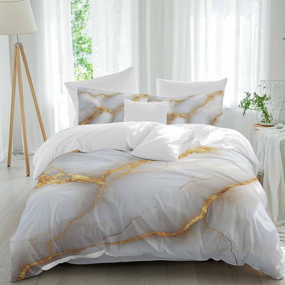 White Marble Queen Duvet Cover Set, Gold Crack Texture Modern Luxury Decor 4 Piece Microfiber Bedding Set with Zipper Closure, Bed Sheet and 2 Pillow Shams, Soft Bedding Cover