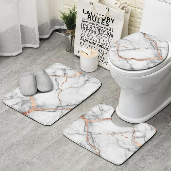 White Marble Rose Gold Line Pattern Bathroom Rugs Sets 3 Piece,Toilet Cover Set,Absorbent Non Slip Bathroom Mats Sets with U-Shaped Contour Rug Toilet Rug Set