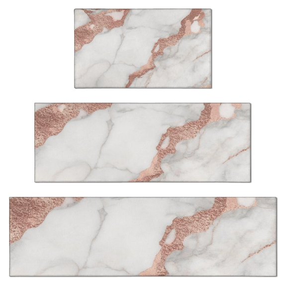 White Marble Rose Gold Line Pattern Kitchen Rugs Sets Of 3,Kitchen Runner Rugs Non Skid Washable,Decorative Kitchen Floor Mats for Kitchen,Sink,Laundry,17"x30"+ 17"x47" + 17"x59"