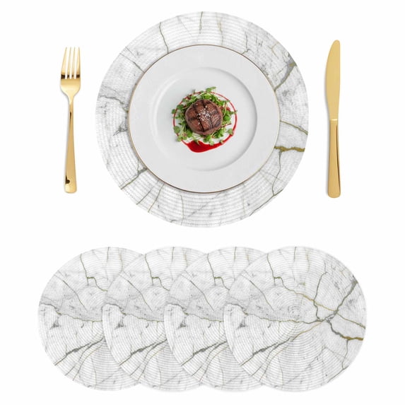 White Marble Round 15 Inch Placemats Set of 4, Modern Abstract Art Ink Painting HeatResistant Non Slip Place Mats for Dining Table, Wipeable Braided Kitchen Table Mats for Housewarming