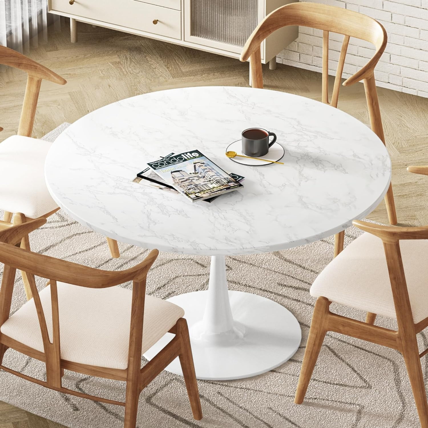 White Marble Round Pedestal Dining Table for Four