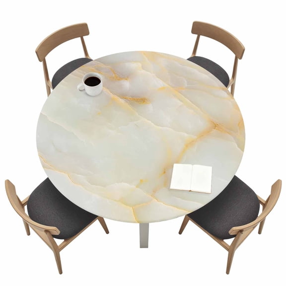 White Marble Round Fitted Tablecloth with Elastic Edge Gold Gradient Abstract Stone Cracks Texture Table Cover Fit for 45"-54" Tables Waterproof Tablecloths for Dinner Camping Picnic
