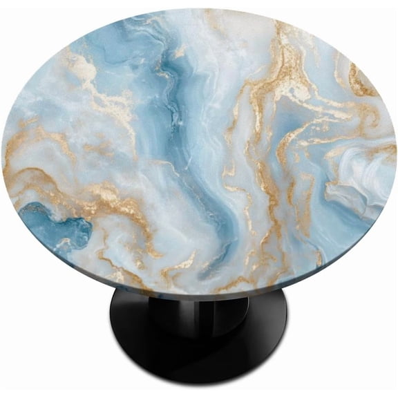 White Marble Round Fitted Tablecloth with Elastic Edge, White Marble Waterproof Wipeable Table Cover Washable Indoor Outdoor Circle Cover for Tables Dining Kitchen Picnic Patio 40"-44"