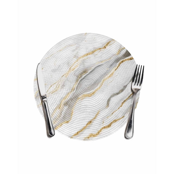 White Marble Round Placemats for Dinning Tables, Heat-proof Braided Table Mats 13 Inch, Abstract Modern Yellow Crack Art Washable Place Mat for Kitchen Restaurant Party Decor Supplies Table Setting