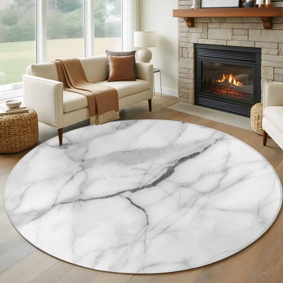 White Marble Round Rug 5ft Washable Circle Kitchen Rugs Non Slip Modern Geometric Abstract Minimalist Crack Large Area Rug Indoor Floor Carpet for Bedroom Living Room Home Office Dining Room Nursery