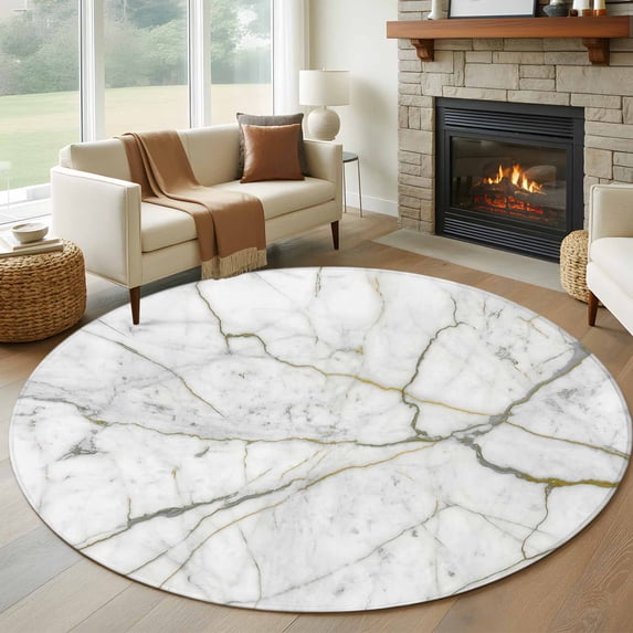 White Marble Round Rug 6ft Washable Circle Kitchen Rugs Non Slip Modern Abstract Art Ink Painting Large Area Rug Indoor Floor Carpet for Bedroom Living Room Home Office Dining Room Nursery