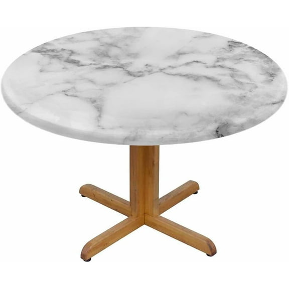 White Marble Round Table Cloth Abstract Stone Texture Elastic Edged Table Cover Fade And Stain Resistant Table Cloths Easy To Clean Fits Tables 40-44" Diameter