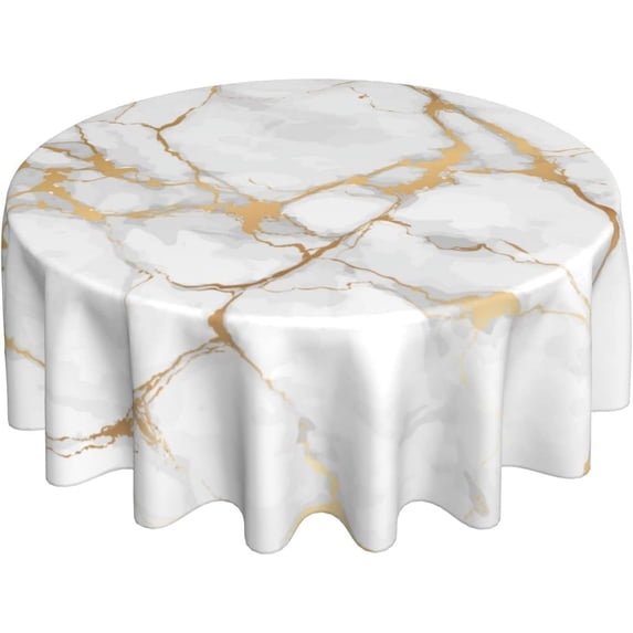 White Marble Round Tablecloth 60 Inch White and Golden Table Cloth Waterproof Fabric Farmhouse Abstract Tablecloths Decorative for Holiday Party Picnic