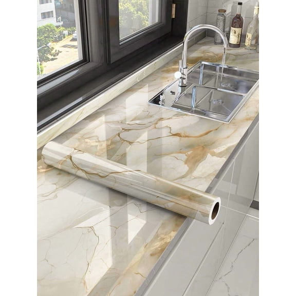 White Marble Self-Adhesive Kitchen Sticker, Oil-Proof Waterproof Wallpaper, Heat Resistant Countertop Cabinet Film, Transparent Electrostatic Vinyl Decal for Home Decor Renovation