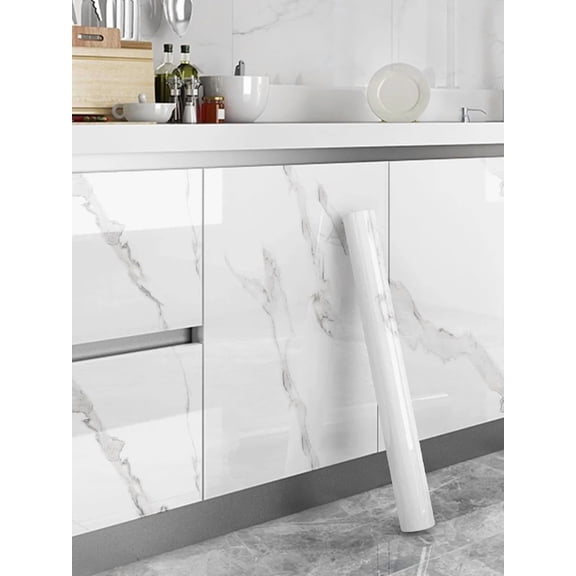 White Marble Self-Adhesive Kitchen Sticker, Oil-Proof Waterproof Wallpaper, Heat Resistant Countertop Cabinet Film, Transparent Electrostatic Vinyl Decal for Home Decor Renovation
