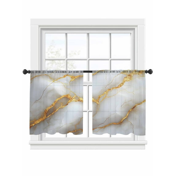 White Marble Sheer Curtains 54 Inch Long 2 Panels, Gold Crack Texture Modern Luxury Decor Light Filtering Rod Pocket Semi Sheer Curtains, Sheer Voile Drapes for Living Room Bedroom, 52"x54"