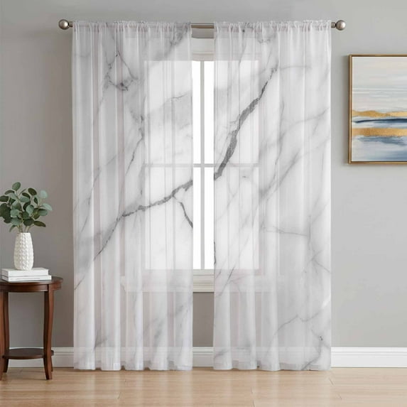 White Marble Sheer Curtains 84 Inch Length 2 Panels Set, Modern Geometric Abstract Minimalist Crack Voile Window Treatment Rod Pocket Curtains Sheers Drapes for Bedroom/Living Room/Kitchen 52"x84"x2