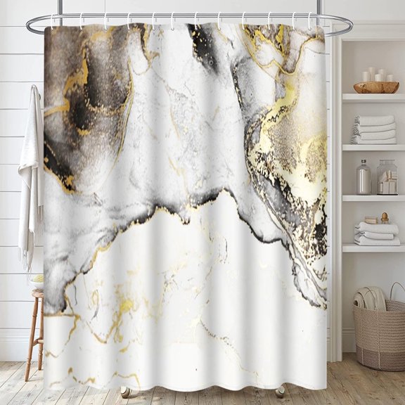 White Marble Shower Curtain for Bathroom Decor,Abstract White and Gold Marble Shower Curtains,Polyester Fabric Modern Golden Bath Curtain with Hooks-72"W x 74"L (Pack of 1)