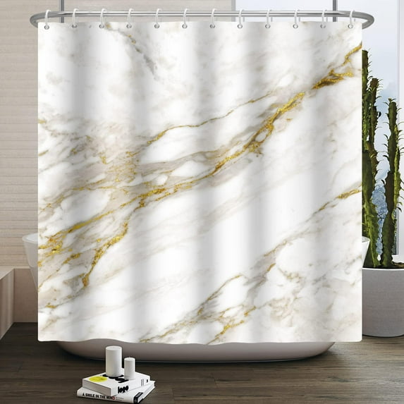 White Marble Shower Curtain Gold Texture Luxury Modern Abstract Shower Curtains for Bathroom Home Bathtubs Decor Waterproof Fabric Shower Curtain with Hooks 72x72 Inches