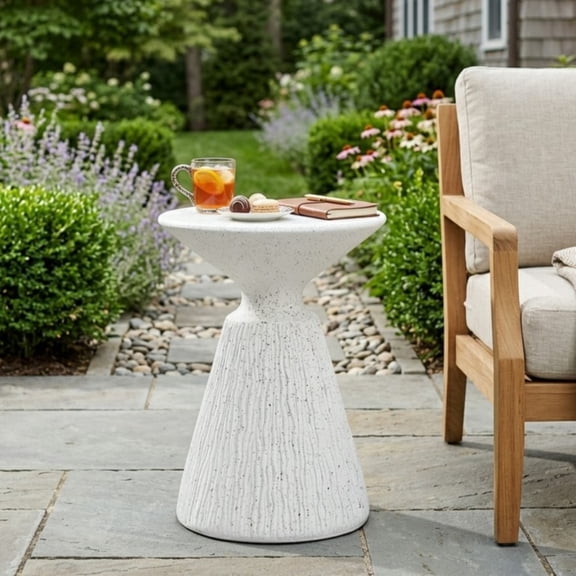 White Marble Speckled Textured Pedestal MGO Side End Table, All-Weather Magnesium Oxide Retro Accent Table Fully Assembled for Living Room Office Patio Balcony Indoor Outdoor Decor