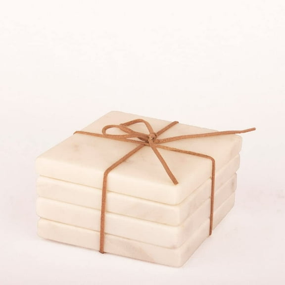 White Marble Square Coasters Handmade Stone Coaster Set for Kitchen, Living Room, Bar, Coffee Table (Set of 4)