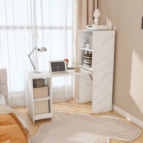 White Marble Stretchable Desk with Storage Shelves, Foldable Office Desk with Mobile Wheels and Adjustable Height, Space Saving Desk for Small Apartments and Home Office