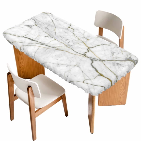 White Marble Table Cloths for 6 Foot Rectangle Tables, Modern Abstract Art Ink Painting Patio Waterproof Elastic Fitted Tablecloths, Washable Rectangular Table Cover for Camping