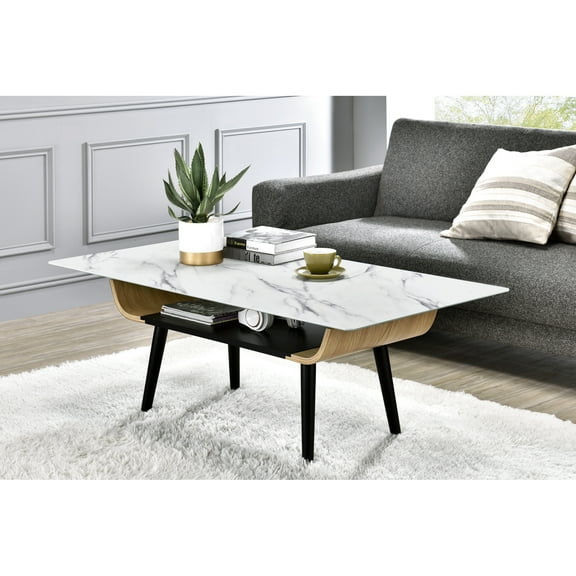 White Marble Texture Coffee Table 47", Bent Wood, Adjustable Leveling Feet, Storage Shelf 47" Table, Glass Top, Flared Legs & Wood Base