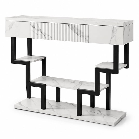 White Marble Texture Console Table 47.3 Inch with Fluted Drawers