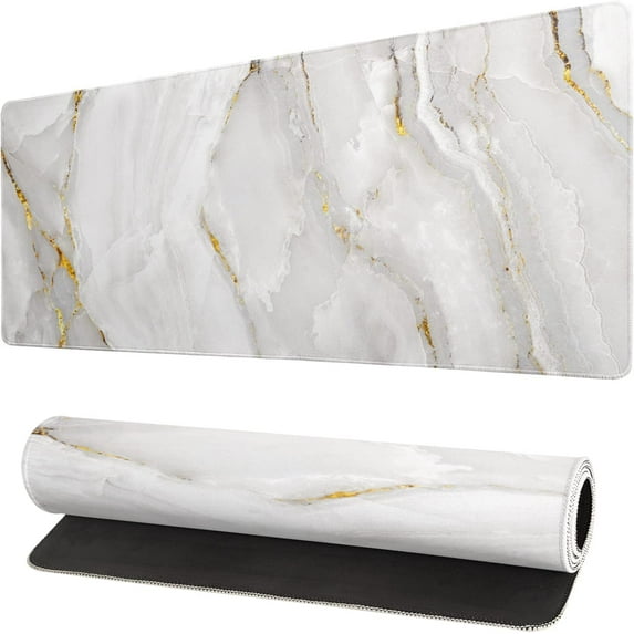 White Marble Texture Extended Mouse Pad 31.5x11.8 Inch White Desk Marble Mousepad Extended Large Non-Slip Rubber Base Waterproof Big Keyboard Mat with Stitched Edges for Home Gaming and Office