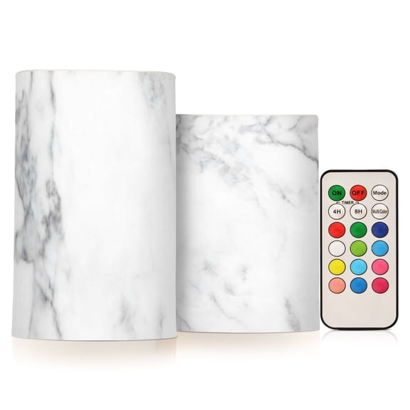 White Marble Texture Flickering Flameless Candles Battery Operated with Remote Timer LED Pillar Candles Set of 2