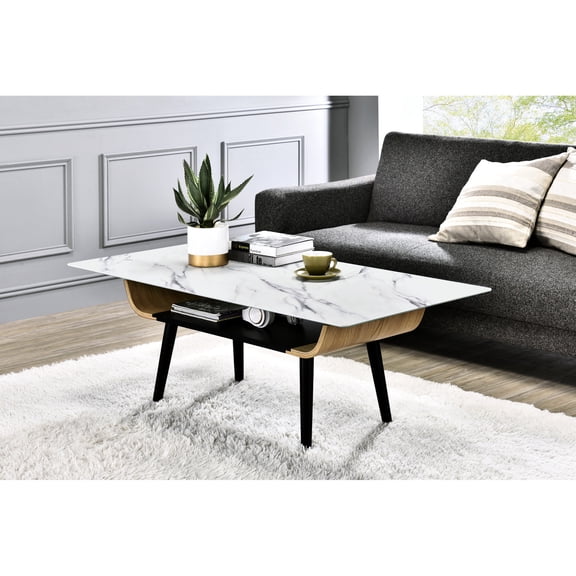 White Marble Texture Glass Coffee Table | Used for Relaxing in Home Lounge | 3D Printed Surface & Solid Wood Structure | Ensures Balance on Uneven Floors