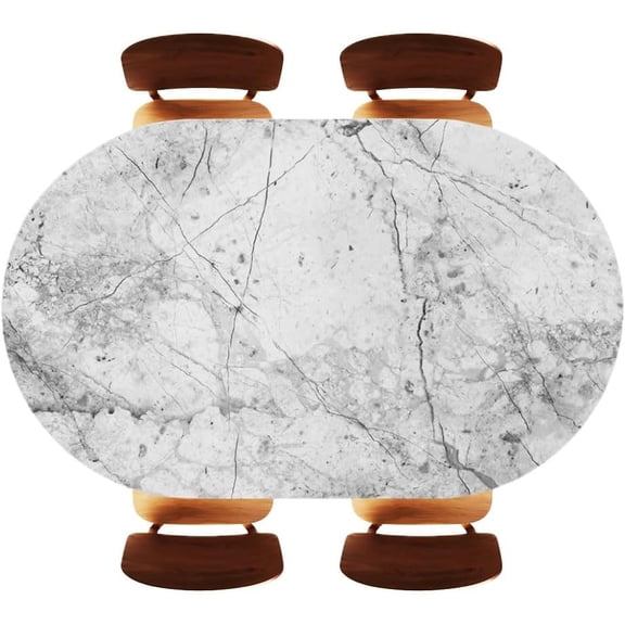 White Marble Texture Oval Elastic Fitted Tablecloth, Decorative Tabletop for Kitchen Dinner Holiday Family Use, Fits 48"x68" Oval Tables, Style05