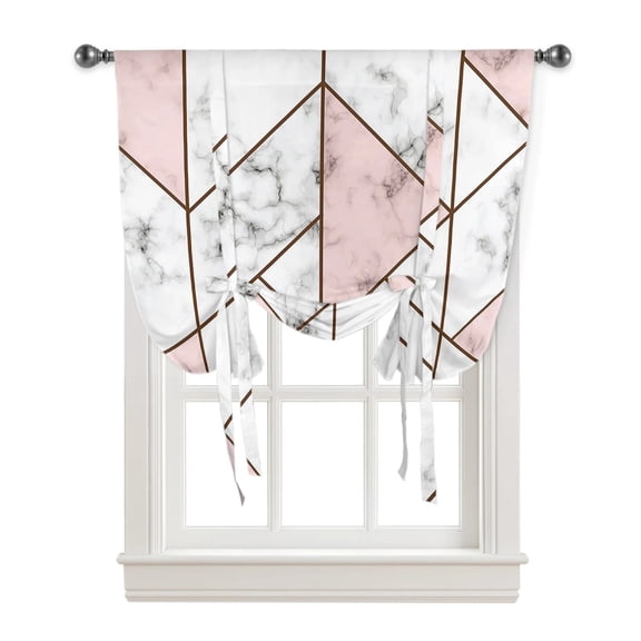 White Marble Texture Pink Triangle Window Curtain for Living Room Roman Curtains for Kitchen Cafe Tie Up Short Drapes
