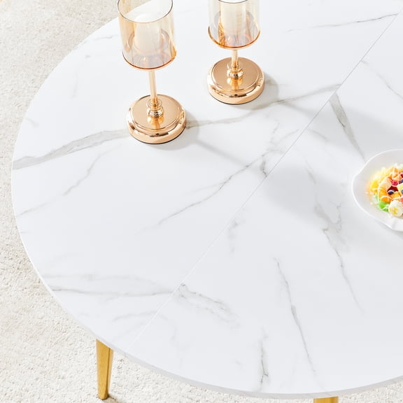 White Marble Textured Expandable Round MDF Table Top Only, Adjustable Size Replacement Tabletop with Full Assembly Hardware & Manual