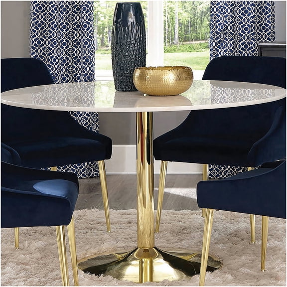 White Marble Top Brass Base Round Dining Table for 4, Modern Pedestal Table for Small Space
