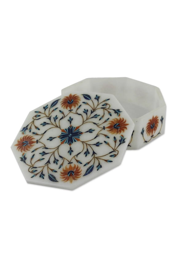 White Marble Top Handmade Precious Jewelry Ring Box Storage Box Multi Precious Inlay Stone All Occasional Gifts Decor