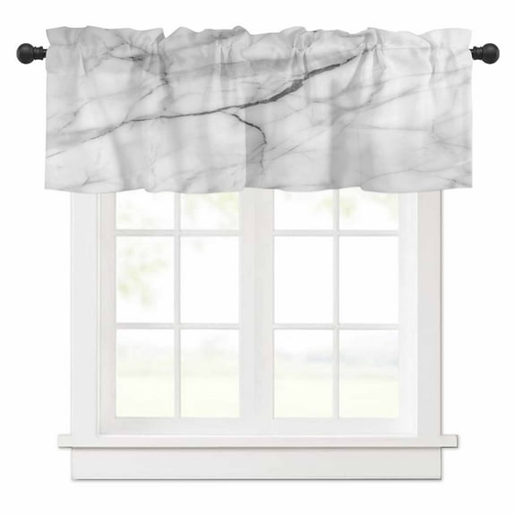 White Marble Valances for Windows Grey White Abstract Art Rod Pocket Curtain Valance Window Treatment Short Curtains for Kitchen Living Room, 60"x14"