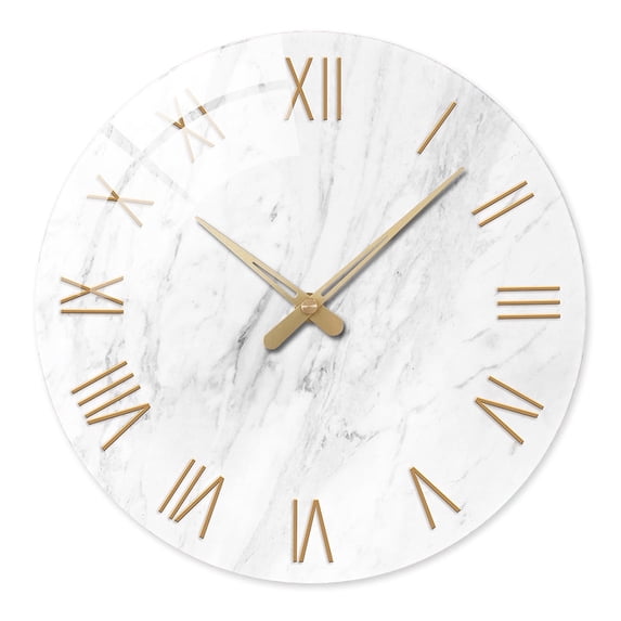 White Marble Wall Clock 14 Inch Modern Wall Clocks Battery Operated Silent Non Ticking Round Glass Clock for Kitchen Bedroom Living Room