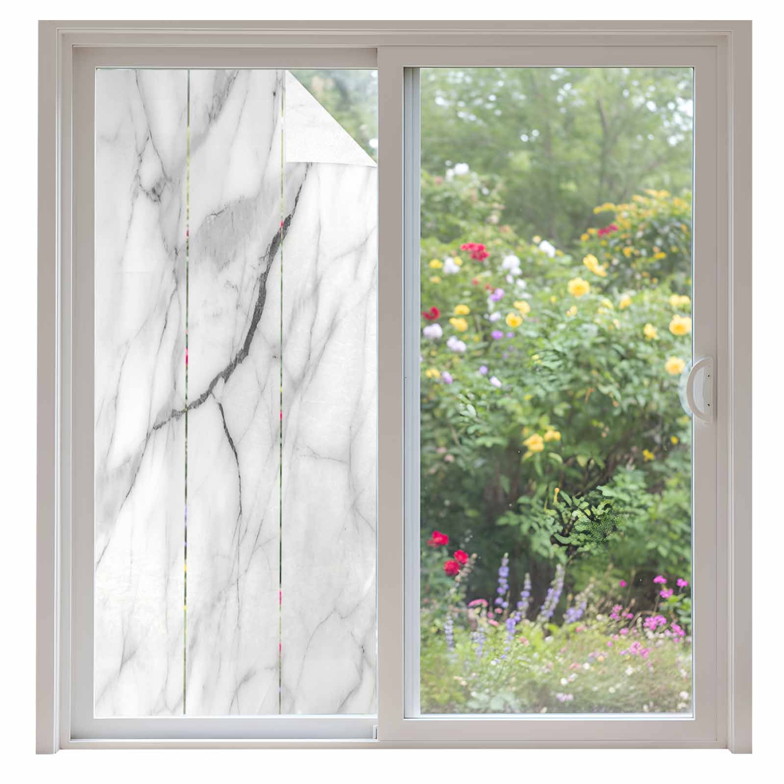 White Marble Window Privacy Film, Modern Geometric Abstract Minimalist Crack Static Cling UV Sun Blocking Heat Control Window Tint, Non-Adhesive One Way Windows Privacy Cover 35.4''x78.7''